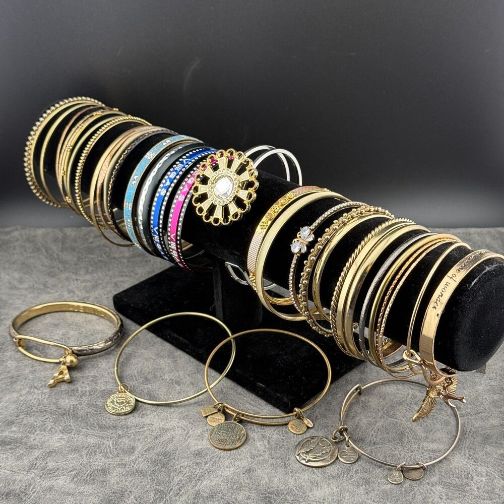 Lot of 35 + Gold-tone Bangles Bracelets Charms Costume Assorted Mixed
